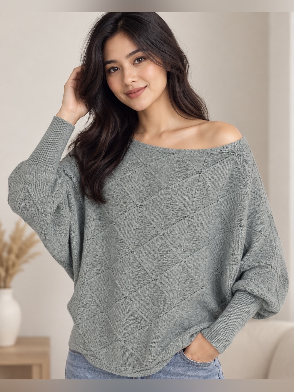SHEIN Womens L Light Gray Diamond Knit Off Shoulder Batwing Sweater Pullover